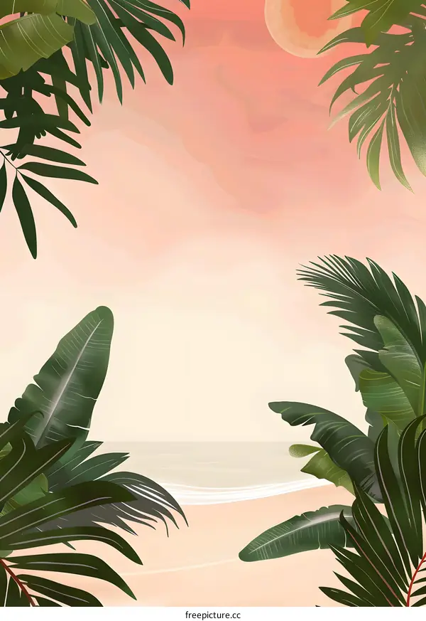 Tropical Palm Leaves Illustration with Pink Sunset Background