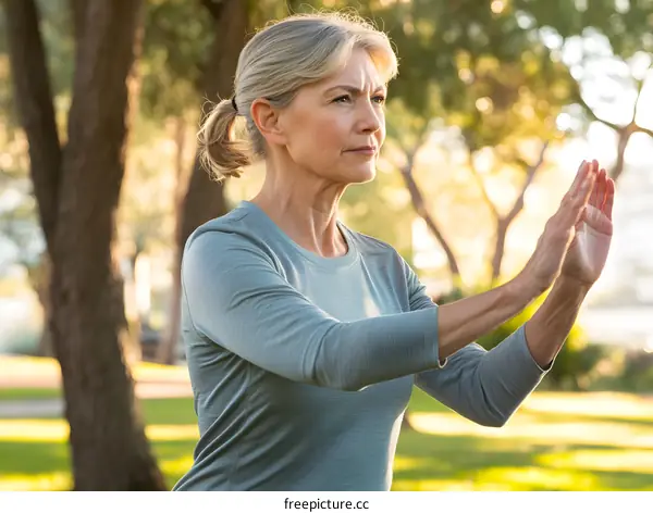 Caucasian Woman Practicing Tai Chi in a Park