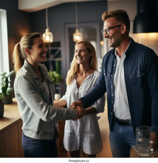 Business handshake agreement between a man and a woman in casual clothes with a woman in a dress looking on and smiling