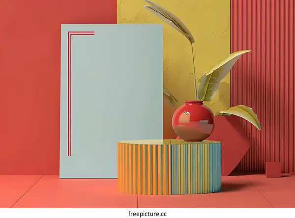 Minimalist Design with Red Globe and Striped Cylinder