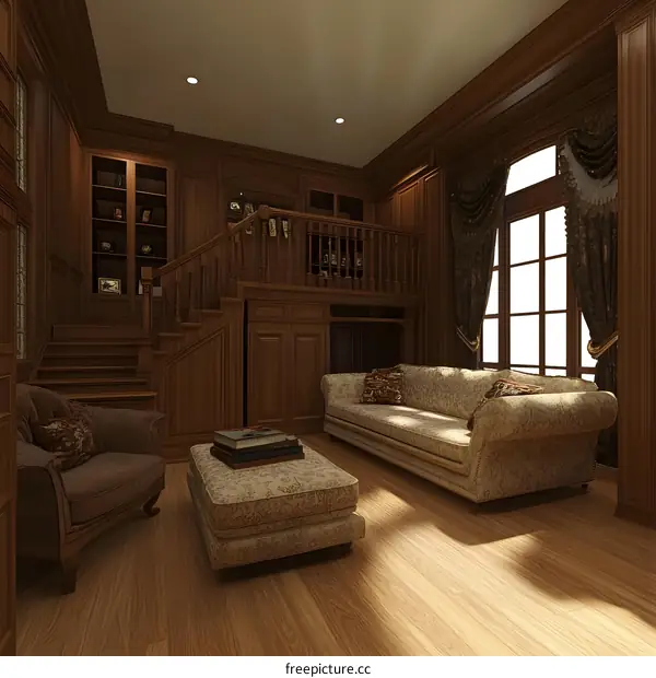 Elegant Living Room Design with Wooden Staircase and Bookshelf