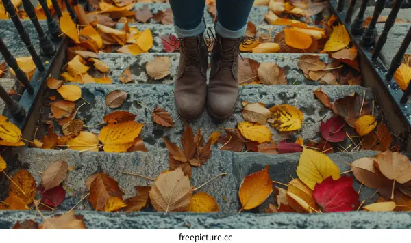 A person standing on a stone staircase covered with colorful fallen leaves