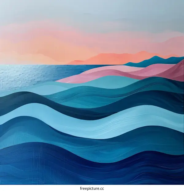 Abstract Beach Scenery Painting in Blue Pink and Turquoise
