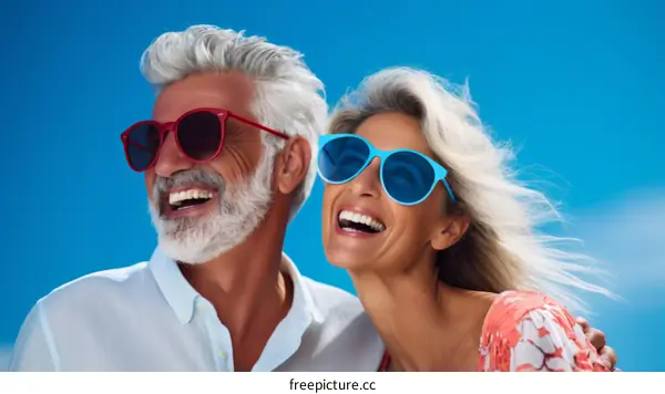 Happy elderly couple laughing together wearing sunglasses