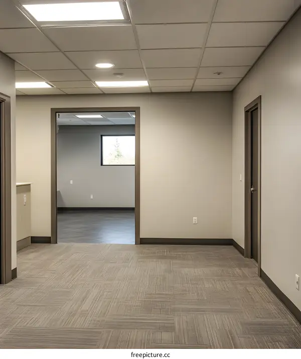 Modern Office Hallway with Gray Carpet and Light Fixtures