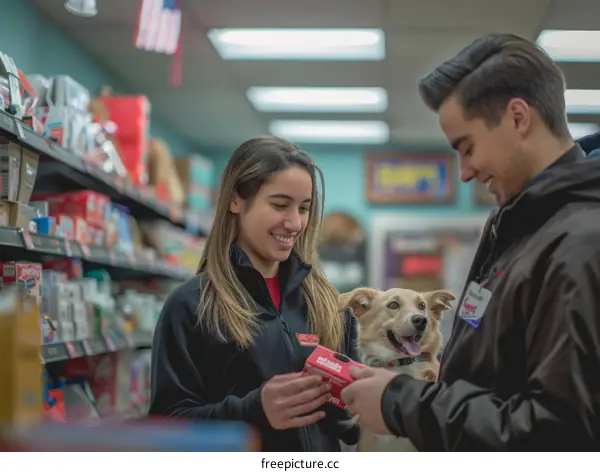 Two young people with a dog in a pet store