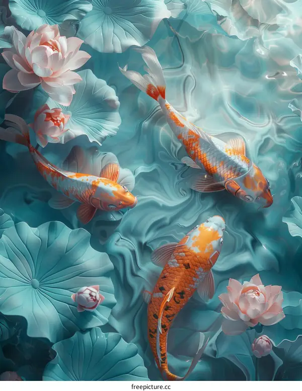 Three koi fish are swimming in a pond with water lilies.