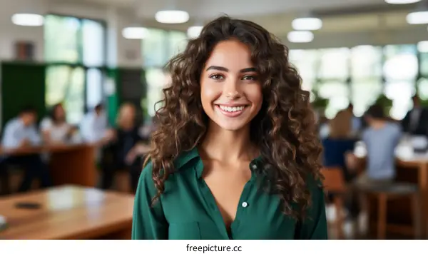 Portrait of a young woman smiling in a green shirt
