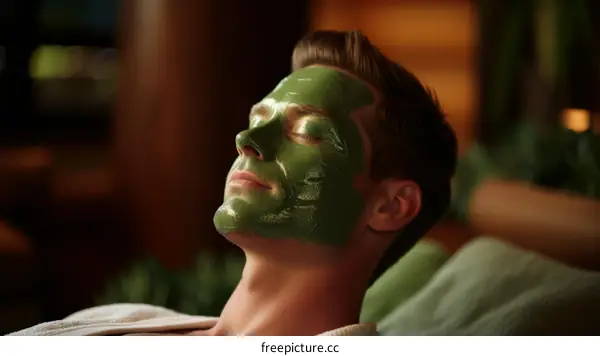 Man with green facial mask relaxing in spa