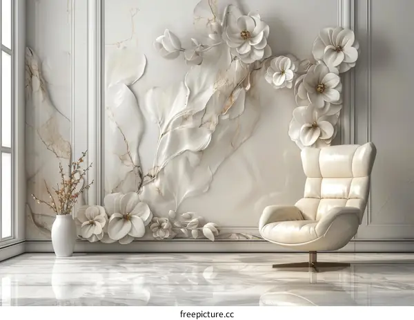 Elegant Floral Wall Mural with Modern Chair