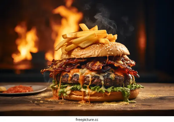 A delicious-looking burger with fries on top