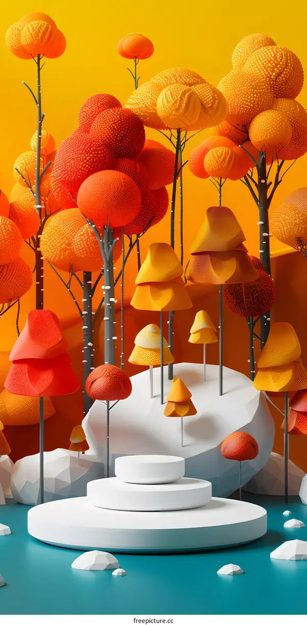 Surreal 3D rendering of an autumn forest with unusually shaped trees and a podium in the foreground