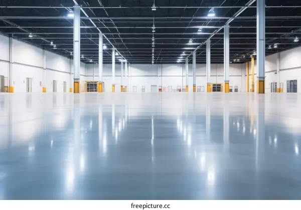 Large empty warehouse interior with concrete floor and bright lighting