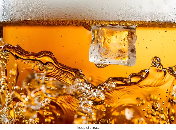 Closeup of Ice Cube in a Glass of Beer