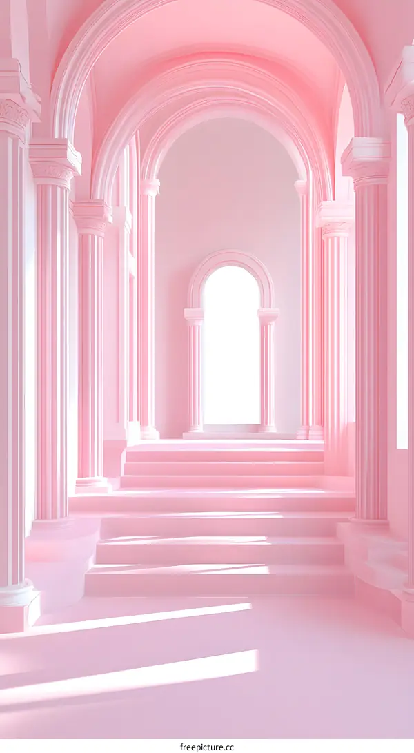 Pink Archway Hallway with Columns and Stairs