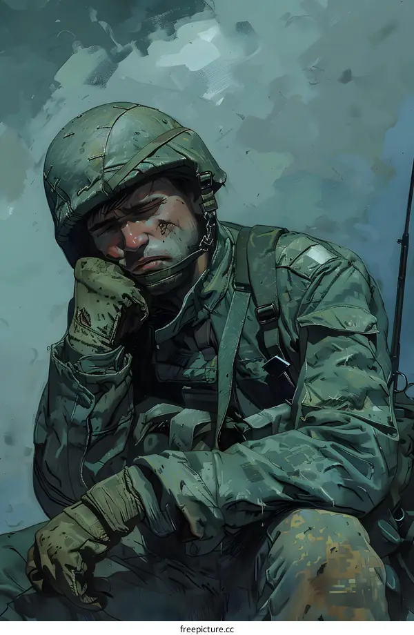 A soldier wearing a green helmet is sitting on the ground with his head in his hands