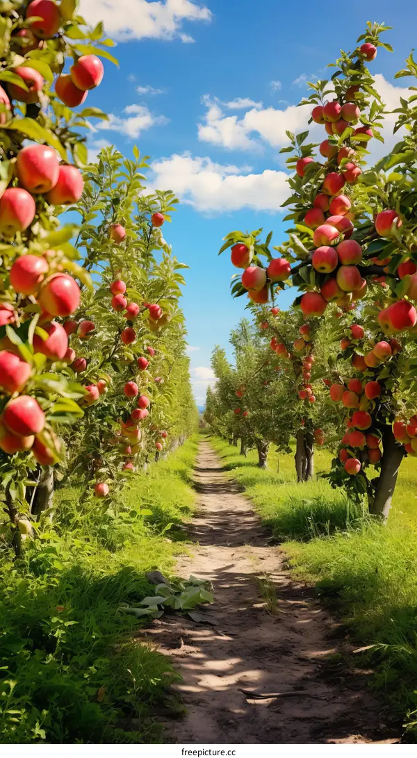 An orchard with ripe red apples ready to be harvested