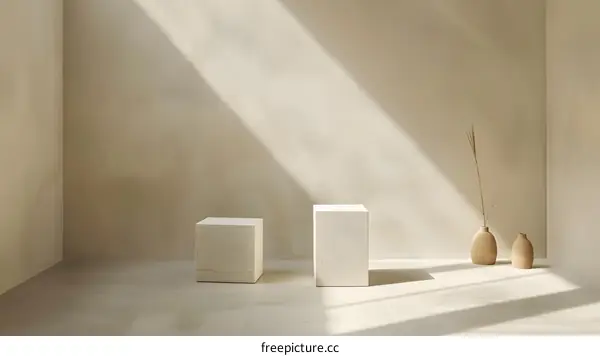 Minimalist Interior Design with Two White Cubes and Vases