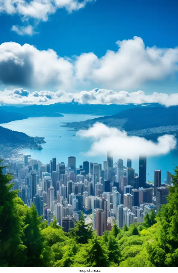 Modern City Skyline with Lush Green Surroundings