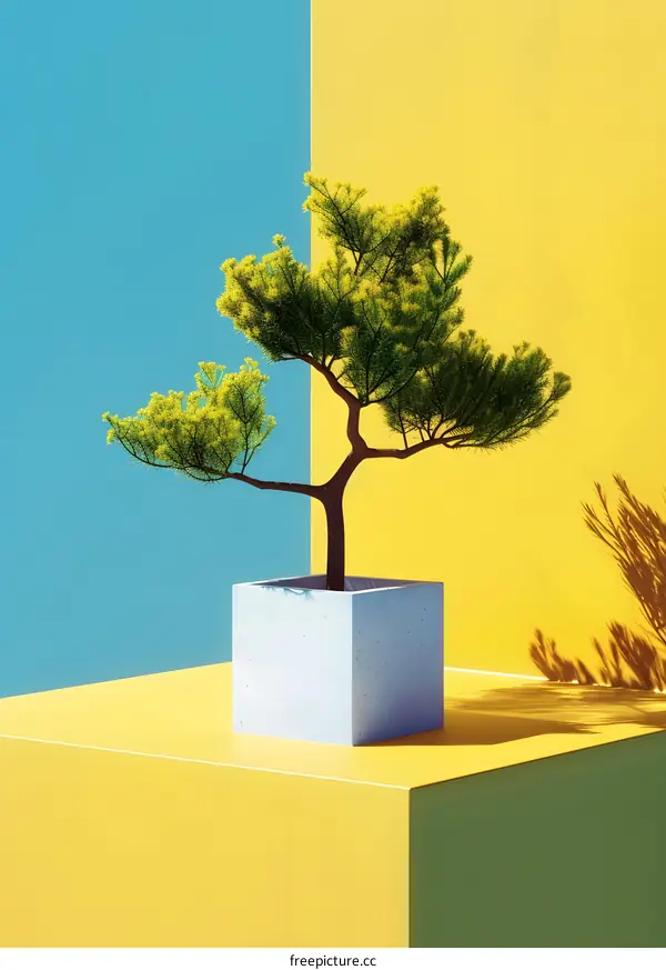 Green Bonsai Tree on Yellow and Blue Background