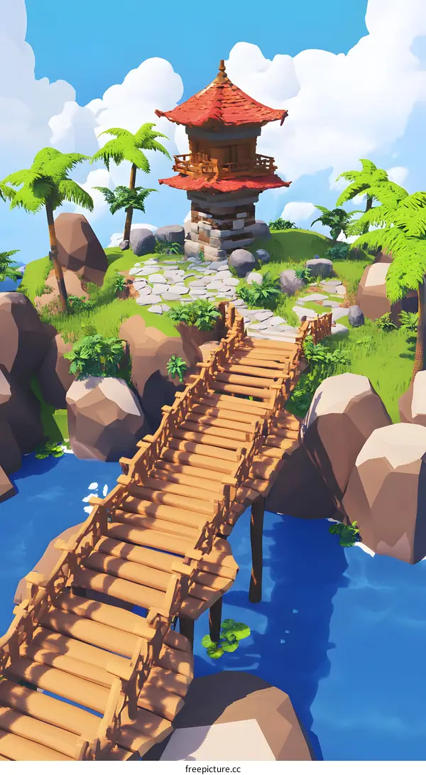 Wooden Bridge Leading To Pagoda On An Island