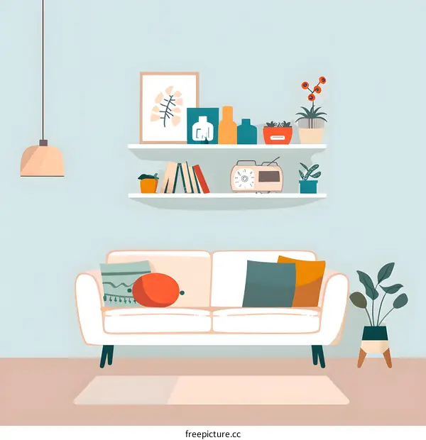 Modern living room interior design with white sofa and shelves