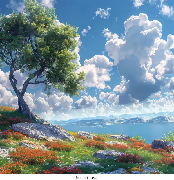 Beautiful Landscape with Tree and Cloudy Sky