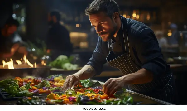 Focused male chef cooking vegetables over an open flame