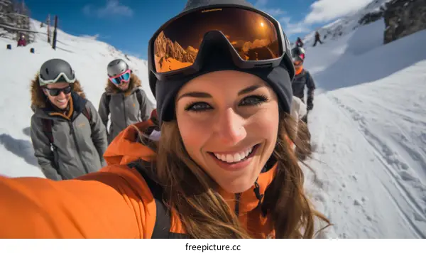 A group of friends skiing down a snowy slope on a sunny day