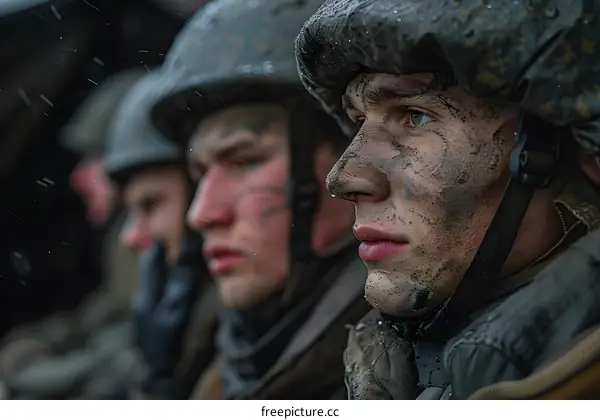 Three soldiers with mud on their faces looking out at something