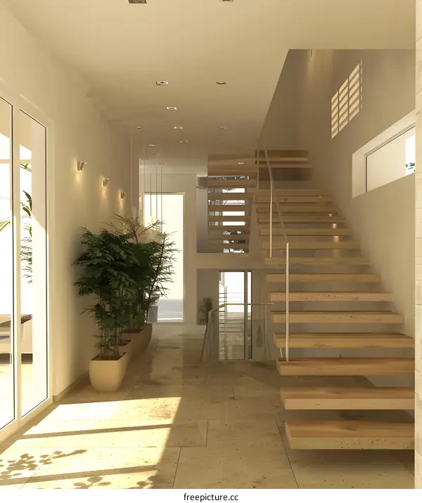 Modern House Interior Design With Wooden Stairs And Plants