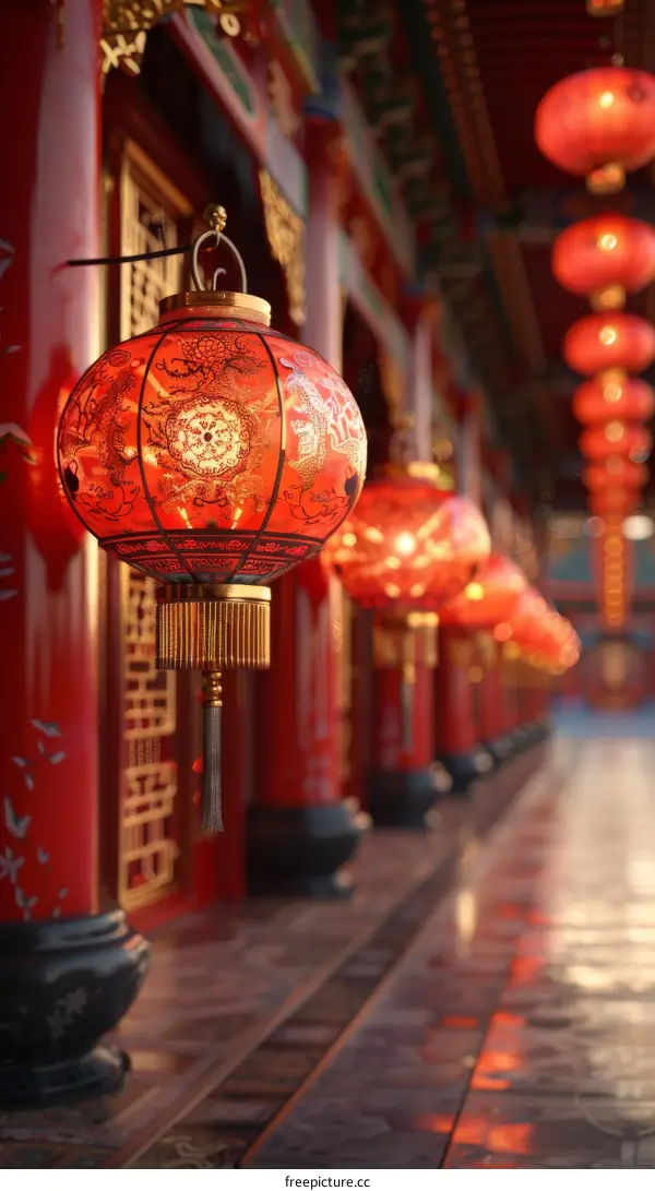 Vibrant Red Chinese Lanterns Adorn a Sacred Temple