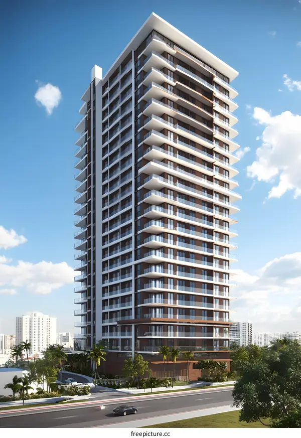 Modern High Rise Building with Balconies and Blue Sky