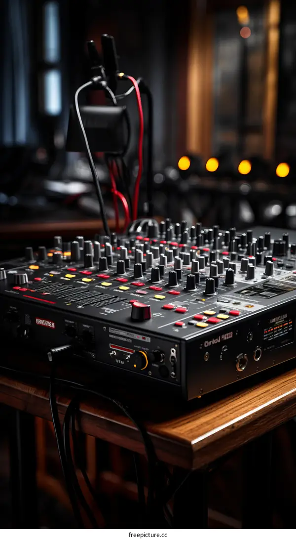 Black and red DJ mixer on a wooden table