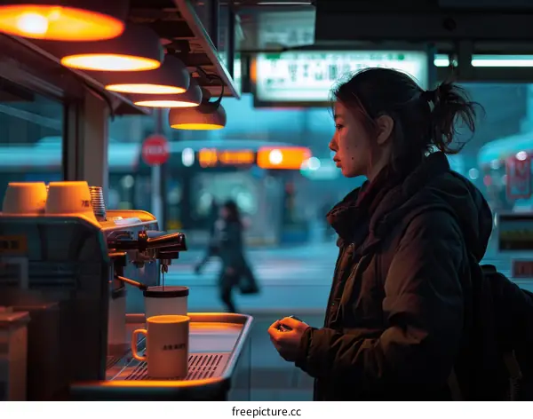 A woman is making coffee in a coffee shop.