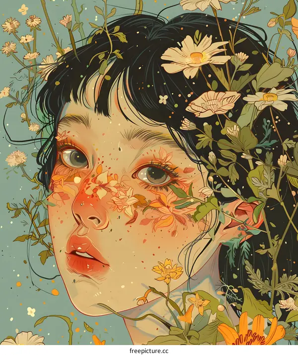 Digital Illustration of a Woman with Flowers on Her Face