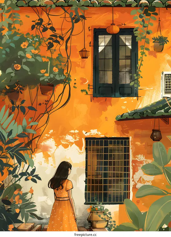 girl in orange dress looking at the window