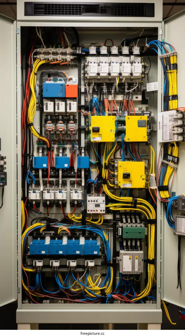 Industrial electrical control panel with circuit breakers and fuses