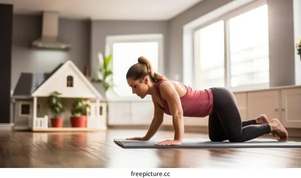 Young caucasian woman doing yoga at home