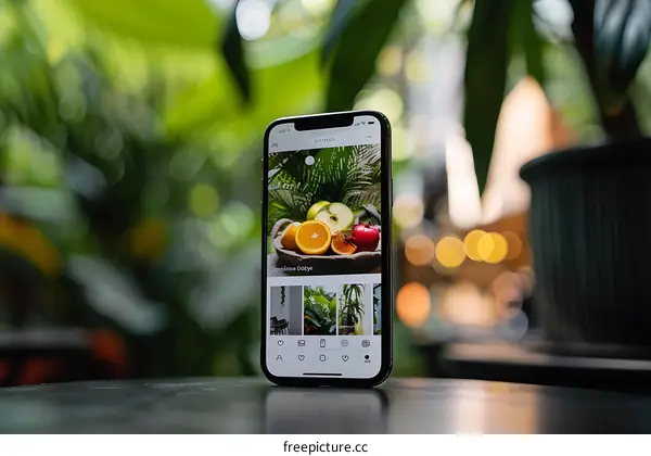 Smartphone Display Showing a Photo of Fruits in a Bowl