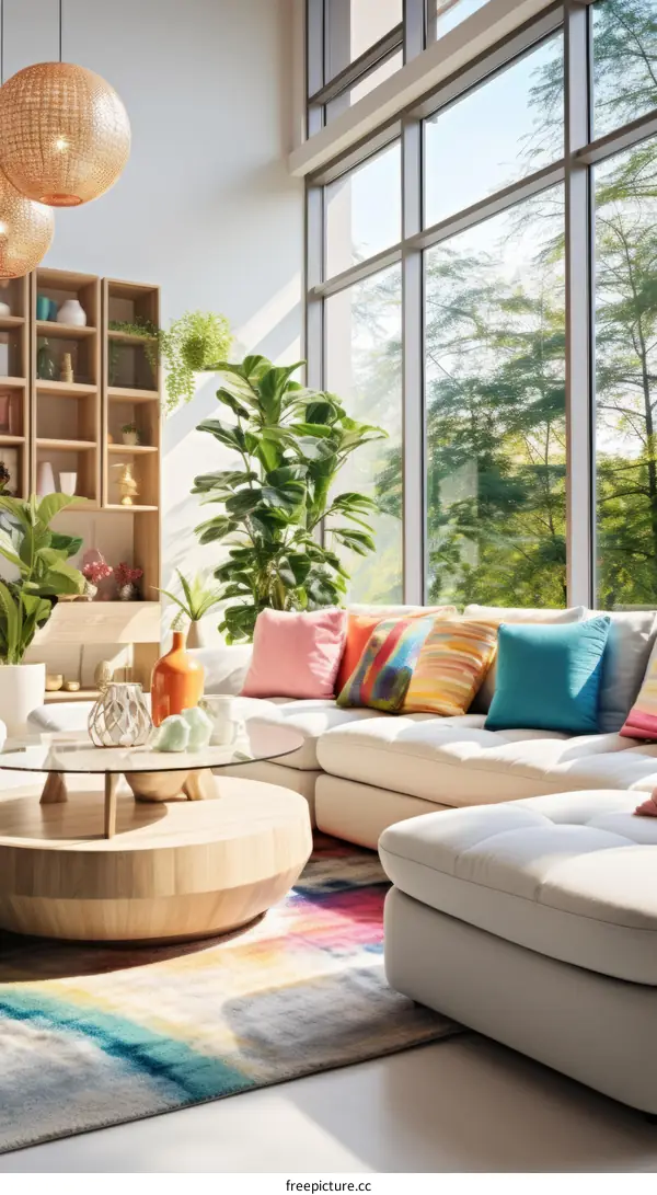 Modern living room interior with large windows and colorful furniture