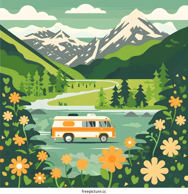 Vintage Camper Van in Mountain Valley