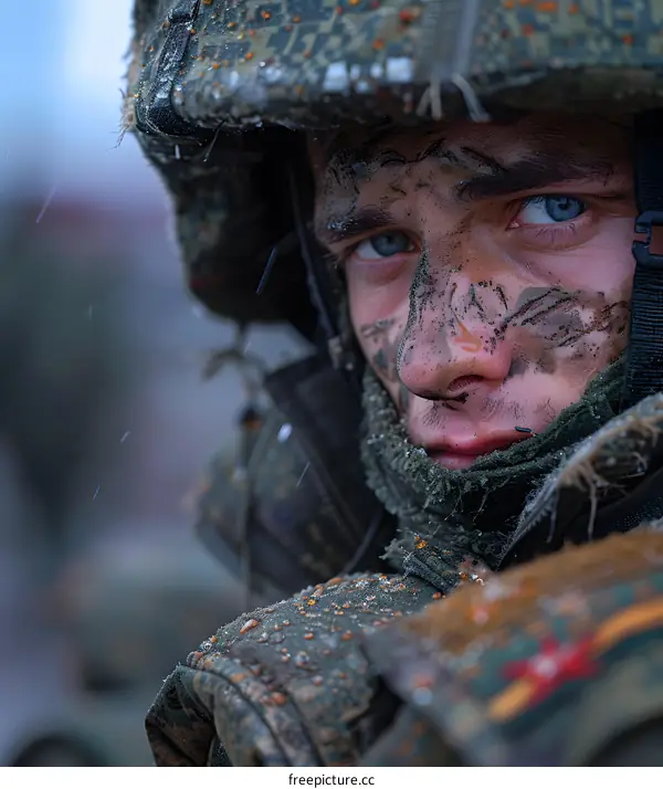 Soldier with a Mud Covered Face in the Rain