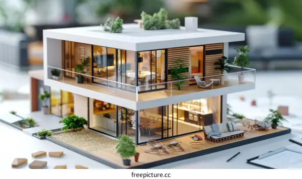 A 3D rendering of a two-story modern house with a flat roof and large windows