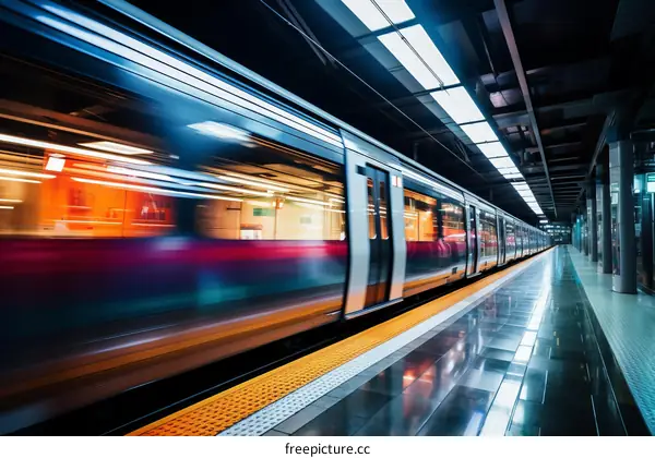 A subway train speeds through a station