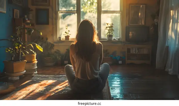 A girl is sitting in front of a window, looking at the scenery outside the window.