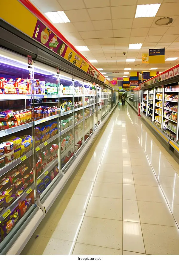 Empty Supermarket Aisle With Refrigerated Food