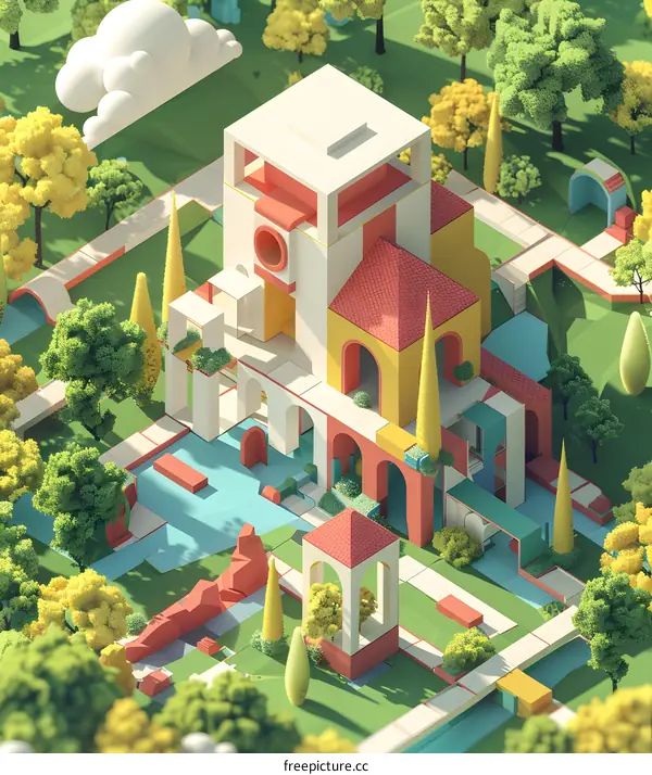 Low Poly Architecture Illustration of a Modern Garden