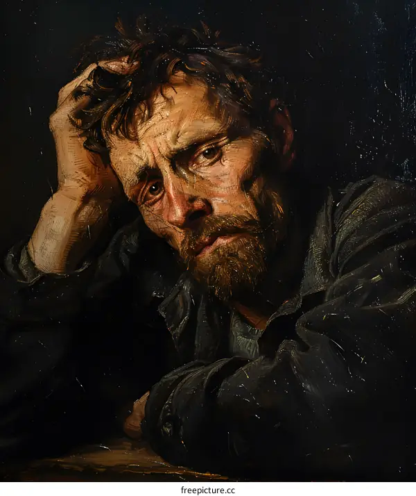 Portrait of a man with a beard and a sad expression