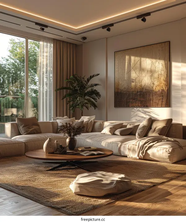 Modern Minimalist Living Room Interior Design With Beige Sofa And Coffee Table
